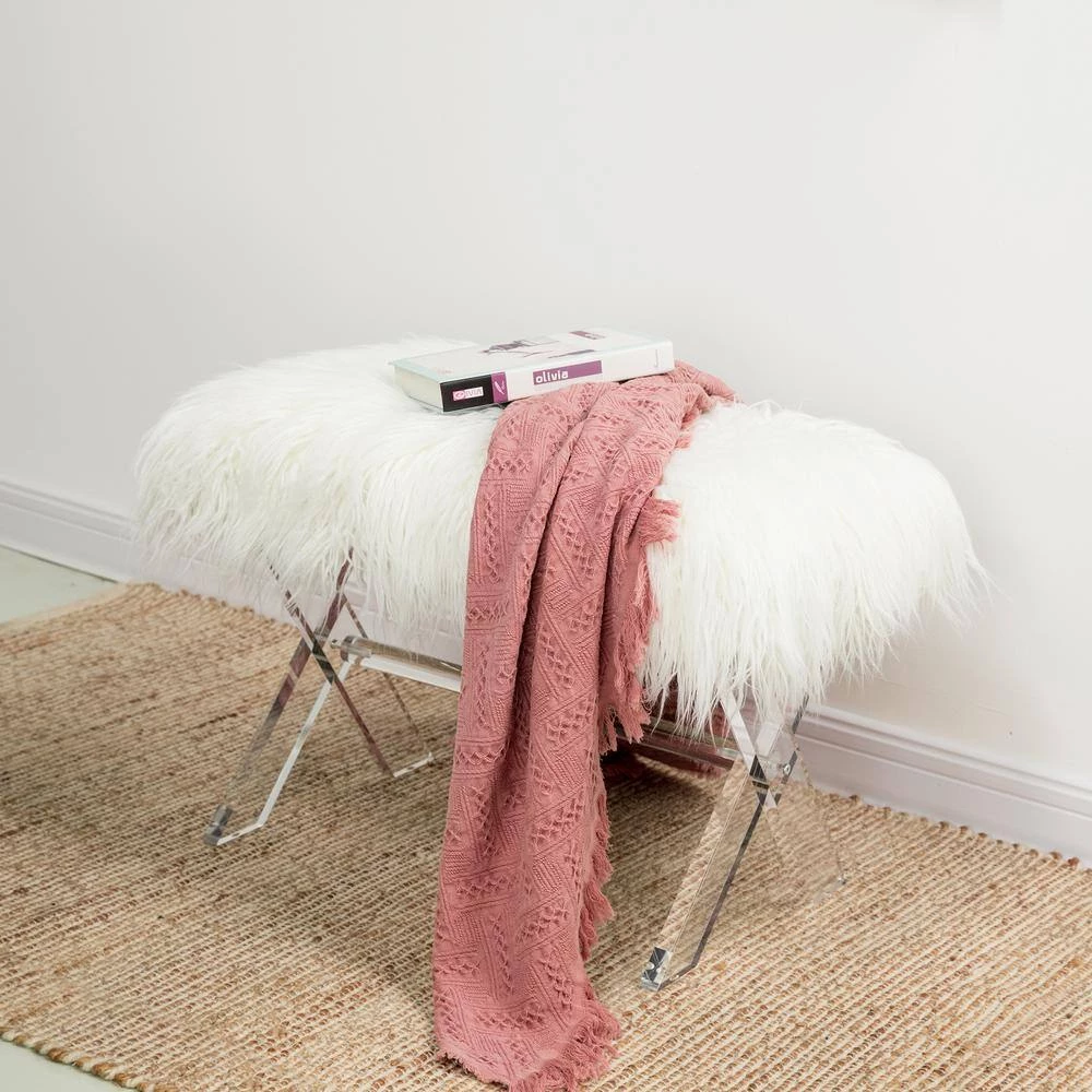 25.6 in. White Faux Fur Upholstered Bench with Acrylic X-Leg by Glitzhome 10 25.6 in. White Faux Fur Upholstered Bench with Acrylic X-Leg by Glitzhome - Image 9