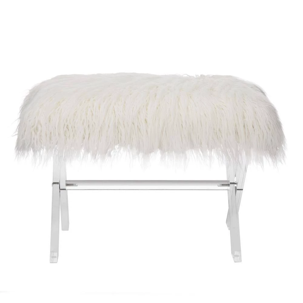 25.6 in. White Faux Fur Upholstered Bench with Acrylic X-Leg by Glitzhome 5 25.6 in. White Faux Fur Upholstered Bench with Acrylic X-Leg by Glitzhome - Image 4