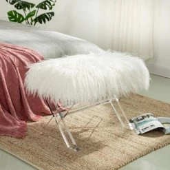 25.6 in. White Faux Fur Upholstered Bench with Acrylic X-Leg by Glitzhome 21 25.6 in. White Faux Fur Upholstered Bench with Acrylic X-Leg by Glitzhome -Deals Glitzhome Store white glitzhome bedroom benches 2001300001 d4 1000