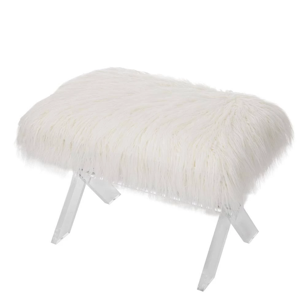 25.6 in. White Faux Fur Upholstered Bench with Acrylic X-Leg by Glitzhome 3 25.6 in. White Faux Fur Upholstered Bench with Acrylic X-Leg by Glitzhome - Image 2