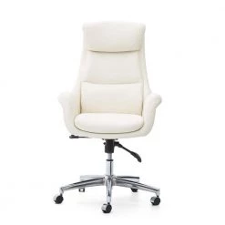 Mid-Century Modern White Leatherette Gaslift Adjustable Swivel Office Chair by Glitzhome