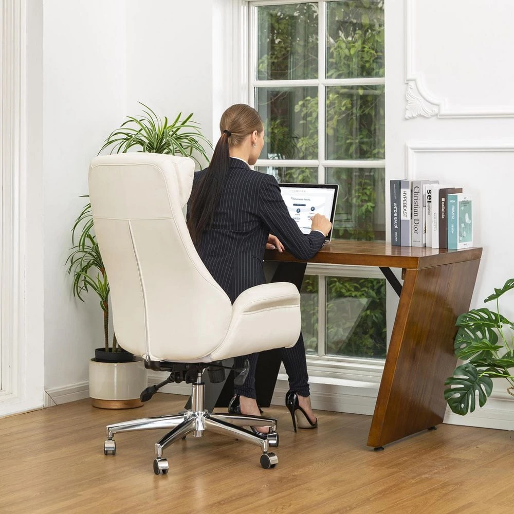 Mid-Century Modern White Leatherette Gaslift Adjustable Swivel Office Chair by Glitzhome 11 Mid-Century Modern White Leatherette Gaslift Adjustable Swivel Office Chair by Glitzhome - Image 9