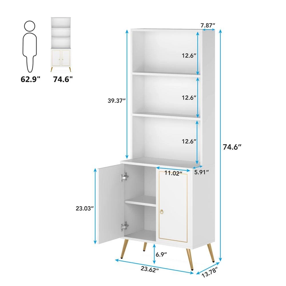 White/Gold Modern Bookcase Bookshelf with Storage Cabinet, 4-Tier Sideboard Cabinet 74.6 in. H x 23.6 in. W x 13.8 in. D by TRIBESIGNS WAY TO ORIGIN 9 White/Gold Modern Bookcase Bookshelf with Storage Cabinet, 4-Tier Sideboard Cabinet 74.6 in. H x 23.6 in. W x 13.8 in. D by TRIBESIGNS WAY TO ORIGIN - Image 7