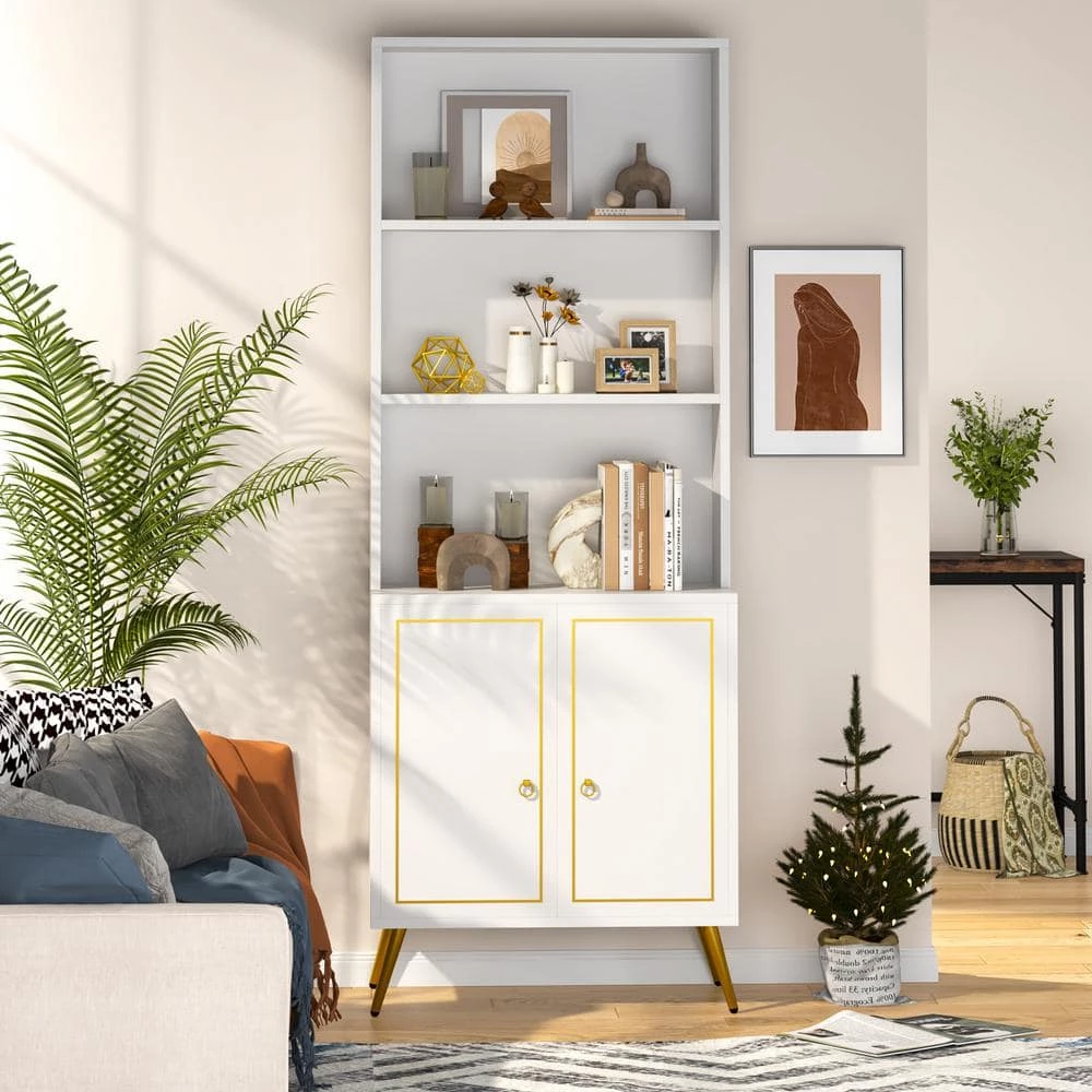 White/Gold Modern Bookcase Bookshelf with Storage Cabinet, 4-Tier Sideboard Cabinet 74.6 in. H x 23.6 in. W x 13.8 in. D by TRIBESIGNS WAY TO ORIGIN 5 White/Gold Modern Bookcase Bookshelf with Storage Cabinet, 4-Tier Sideboard Cabinet 74.6 in. H x 23.6 in. W x 13.8 in. D by TRIBESIGNS WAY TO ORIGIN - Image 3