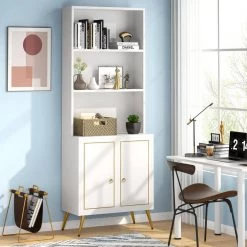 White/Gold Modern Bookcase Bookshelf with Storage Cabinet, 4-Tier Sideboard Cabinet 74.6 in. H x 23.6 in. W x 13.8 in. D by TRIBESIGNS WAY TO ORIGIN 20 White/Gold Modern Bookcase Bookshelf with Storage Cabinet, 4-Tier Sideboard Cabinet 74.6 in. H x 23.6 in. W x 13.8 in. D by TRIBESIGNS WAY TO ORIGIN -Deals Glitzhome Store white gold tribesigns way to origin bookcases bookshelves hd ggf1598 44 1000