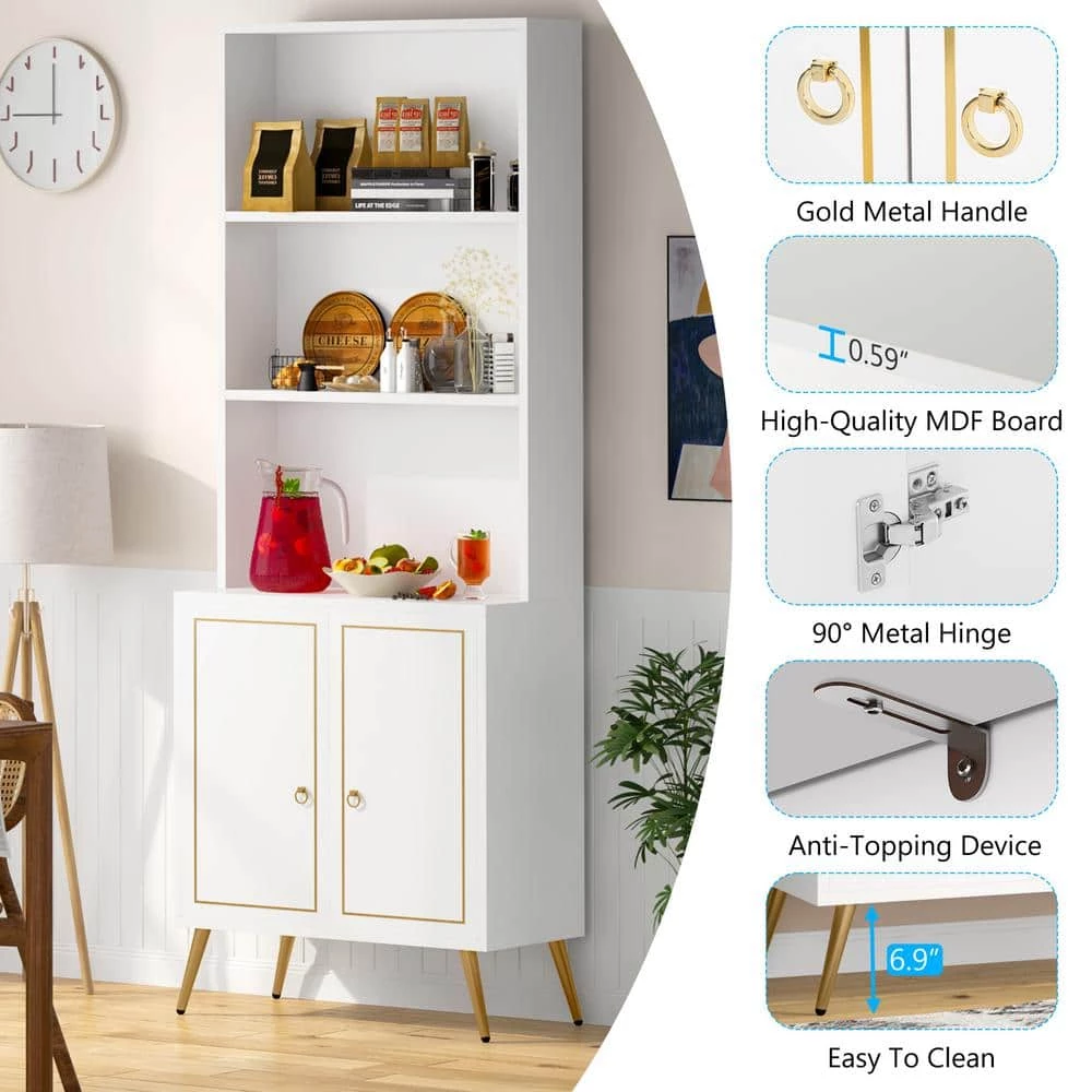 White/Gold Modern Bookcase Bookshelf with Storage Cabinet, 4-Tier Sideboard Cabinet 74.6 in. H x 23.6 in. W x 13.8 in. D by TRIBESIGNS WAY TO ORIGIN 8 White/Gold Modern Bookcase Bookshelf with Storage Cabinet, 4-Tier Sideboard Cabinet 74.6 in. H x 23.6 in. W x 13.8 in. D by TRIBESIGNS WAY TO ORIGIN - Image 6