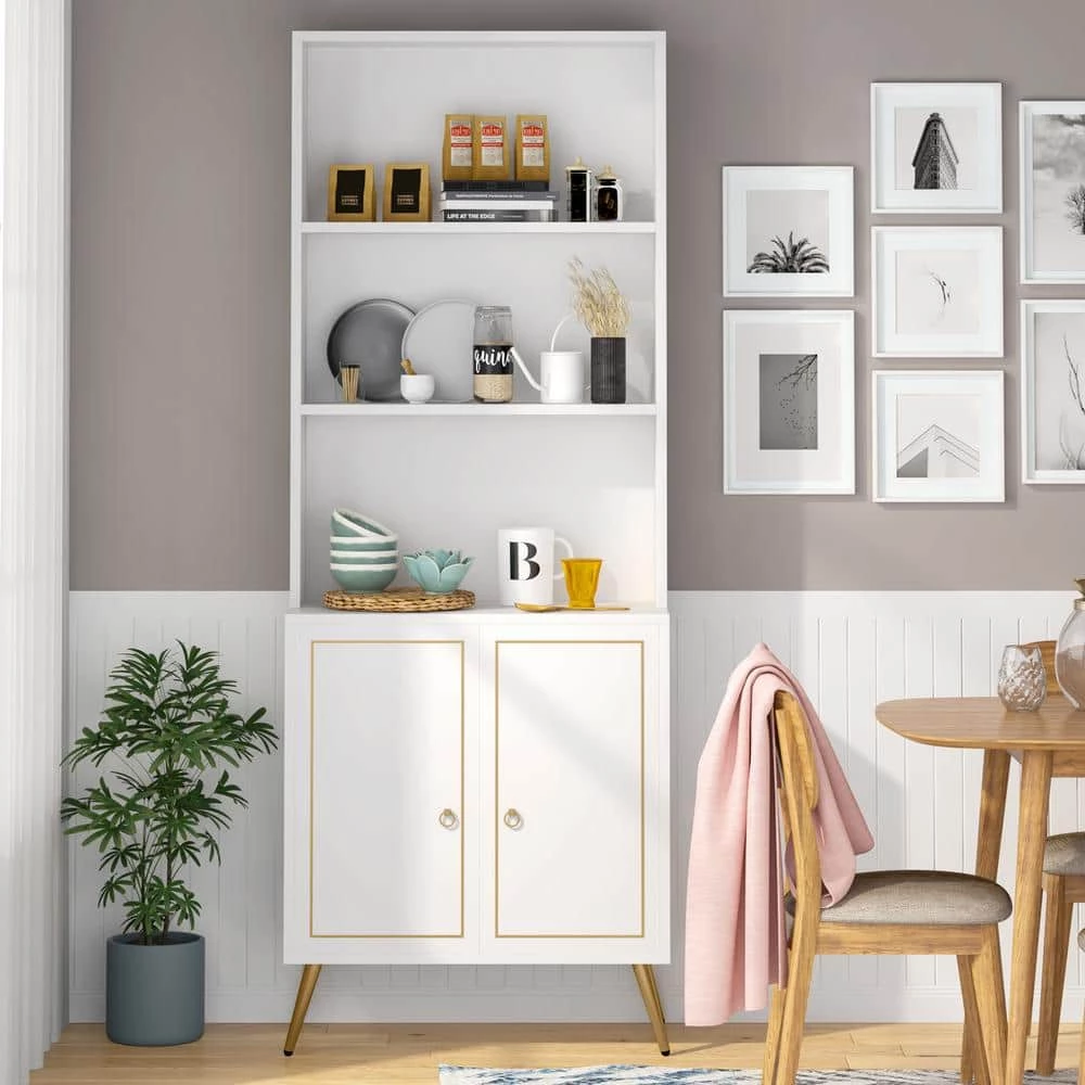 White/Gold Modern Bookcase Bookshelf with Storage Cabinet, 4-Tier Sideboard Cabinet 74.6 in. H x 23.6 in. W x 13.8 in. D by TRIBESIGNS WAY TO ORIGIN 7 White/Gold Modern Bookcase Bookshelf with Storage Cabinet, 4-Tier Sideboard Cabinet 74.6 in. H x 23.6 in. W x 13.8 in. D by TRIBESIGNS WAY TO ORIGIN - Image 5