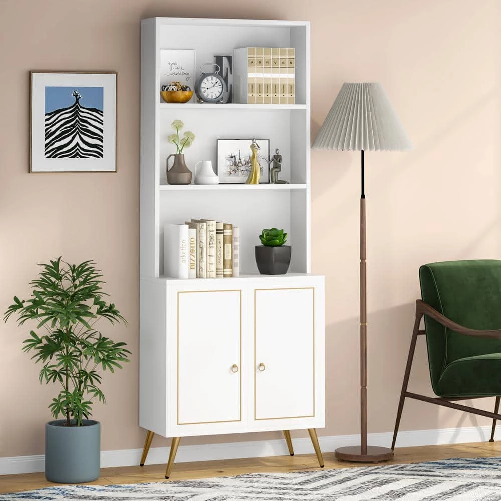 White/Gold Modern Bookcase Bookshelf with Storage Cabinet, 4-Tier Sideboard Cabinet 74.6 in. H x 23.6 in. W x 13.8 in. D by TRIBESIGNS WAY TO ORIGIN 4 White/Gold Modern Bookcase Bookshelf with Storage Cabinet, 4-Tier Sideboard Cabinet 74.6 in. H x 23.6 in. W x 13.8 in. D by TRIBESIGNS WAY TO ORIGIN - Image 2