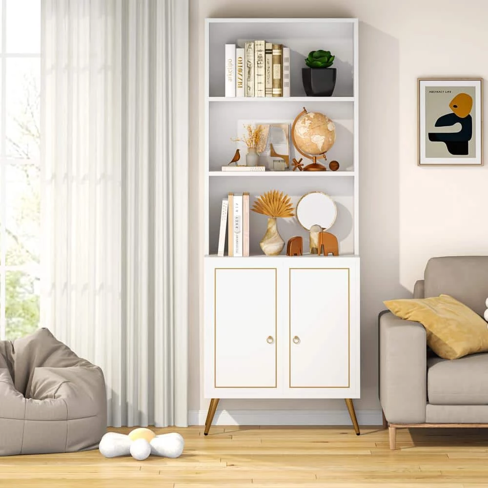 White/Gold Modern Bookcase Bookshelf with Storage Cabinet, 4-Tier Sideboard Cabinet 74.6 in. H x 23.6 in. W x 13.8 in. D by TRIBESIGNS WAY TO ORIGIN 11 White/Gold Modern Bookcase Bookshelf with Storage Cabinet, 4-Tier Sideboard Cabinet 74.6 in. H x 23.6 in. W x 13.8 in. D by TRIBESIGNS WAY TO ORIGIN - Image 9
