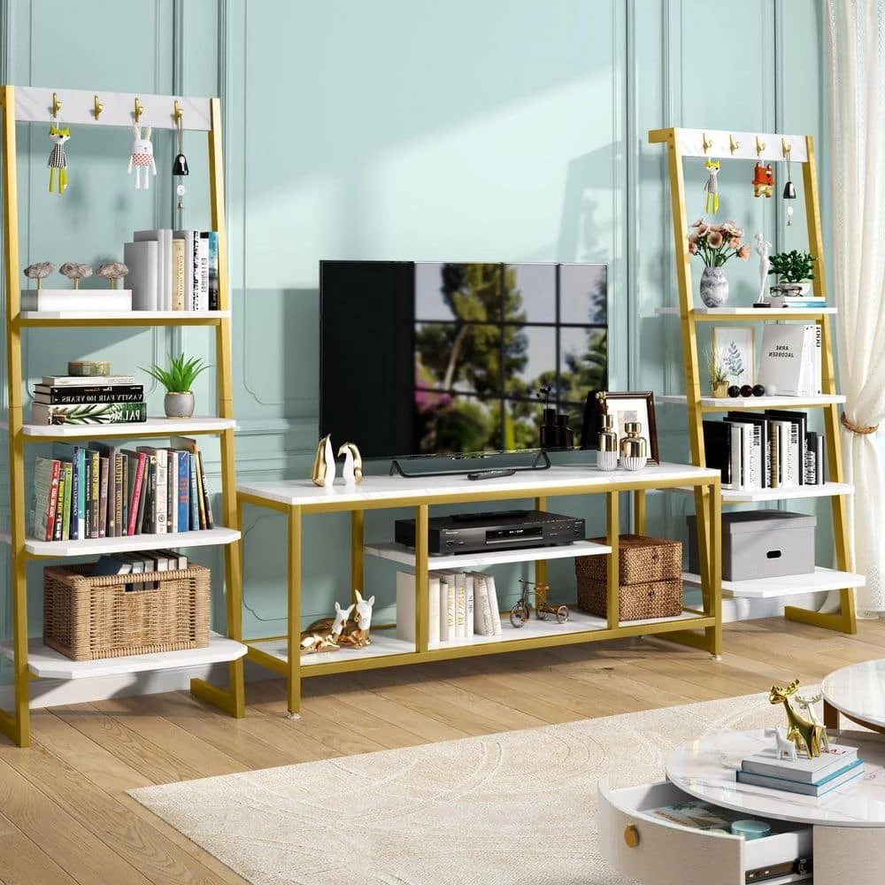 Hall 59 in. White Marble TV Stand Fits TV's up to 60 in. with 3 Open Storage Shelves by TRIBESIGNS WAY TO ORIGIN 9 Hall 59 in. White Marble TV Stand Fits TV's up to 60 in. with 3 Open Storage Shelves by TRIBESIGNS WAY TO ORIGIN - Image 7