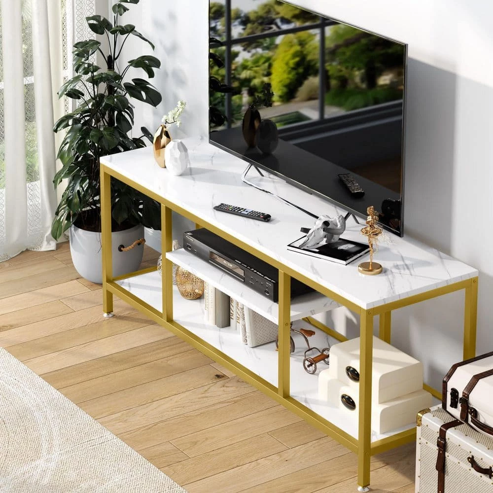 Hall 59 in. White Marble TV Stand Fits TV's up to 60 in. with 3 Open Storage Shelves by TRIBESIGNS WAY TO ORIGIN 8 Hall 59 in. White Marble TV Stand Fits TV's up to 60 in. with 3 Open Storage Shelves by TRIBESIGNS WAY TO ORIGIN - Image 6