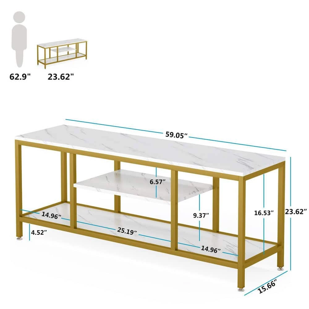 Hall 59 in. White Marble TV Stand Fits TV's up to 60 in. with 3 Open Storage Shelves by TRIBESIGNS WAY TO ORIGIN 6 Hall 59 in. White Marble TV Stand Fits TV's up to 60 in. with 3 Open Storage Shelves by TRIBESIGNS WAY TO ORIGIN - Image 4