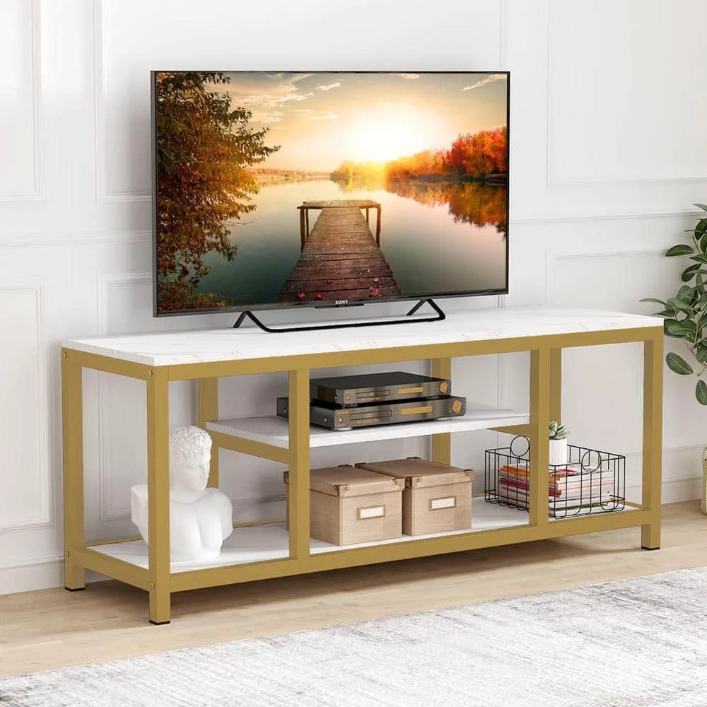 Hall 59 in. White Marble TV Stand Fits TV's up to 60 in. with 3 Open Storage Shelves by TRIBESIGNS WAY TO ORIGIN 7 Hall 59 in. White Marble TV Stand Fits TV's up to 60 in. with 3 Open Storage Shelves by TRIBESIGNS WAY TO ORIGIN - Image 5