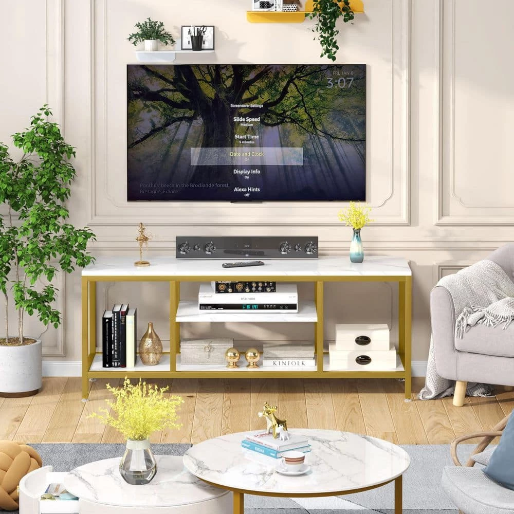 Hall 59 in. White Marble TV Stand Fits TV's up to 60 in. with 3 Open Storage Shelves by TRIBESIGNS WAY TO ORIGIN 4 Hall 59 in. White Marble TV Stand Fits TV's up to 60 in. with 3 Open Storage Shelves by TRIBESIGNS WAY TO ORIGIN - Image 2