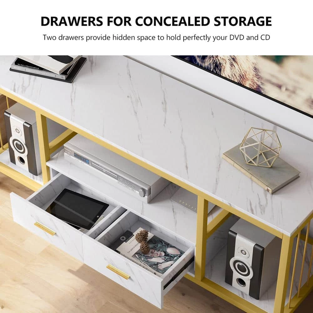 Salome 55 in. White Marble TV Stand with 1 Drawer Fits TV's up to 60 in. with 4 Open Storage Shelves by TRIBESIGNS WAY TO ORIGIN 7 Salome 55 in. White Marble TV Stand with 1 Drawer Fits TV's up to 60 in. with 4 Open Storage Shelves by TRIBESIGNS WAY TO ORIGIN - Image 5