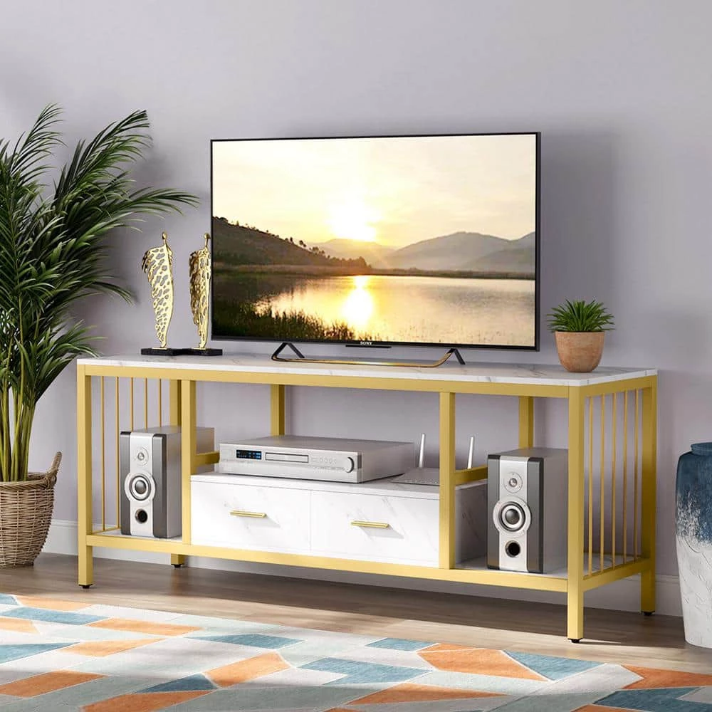 Salome 55 in. White Marble TV Stand with 1 Drawer Fits TV's up to 60 in. with 4 Open Storage Shelves by TRIBESIGNS WAY TO ORIGIN 3 Salome 55 in. White Marble TV Stand with 1 Drawer Fits TV's up to 60 in. with 4 Open Storage Shelves by TRIBESIGNS WAY TO ORIGIN