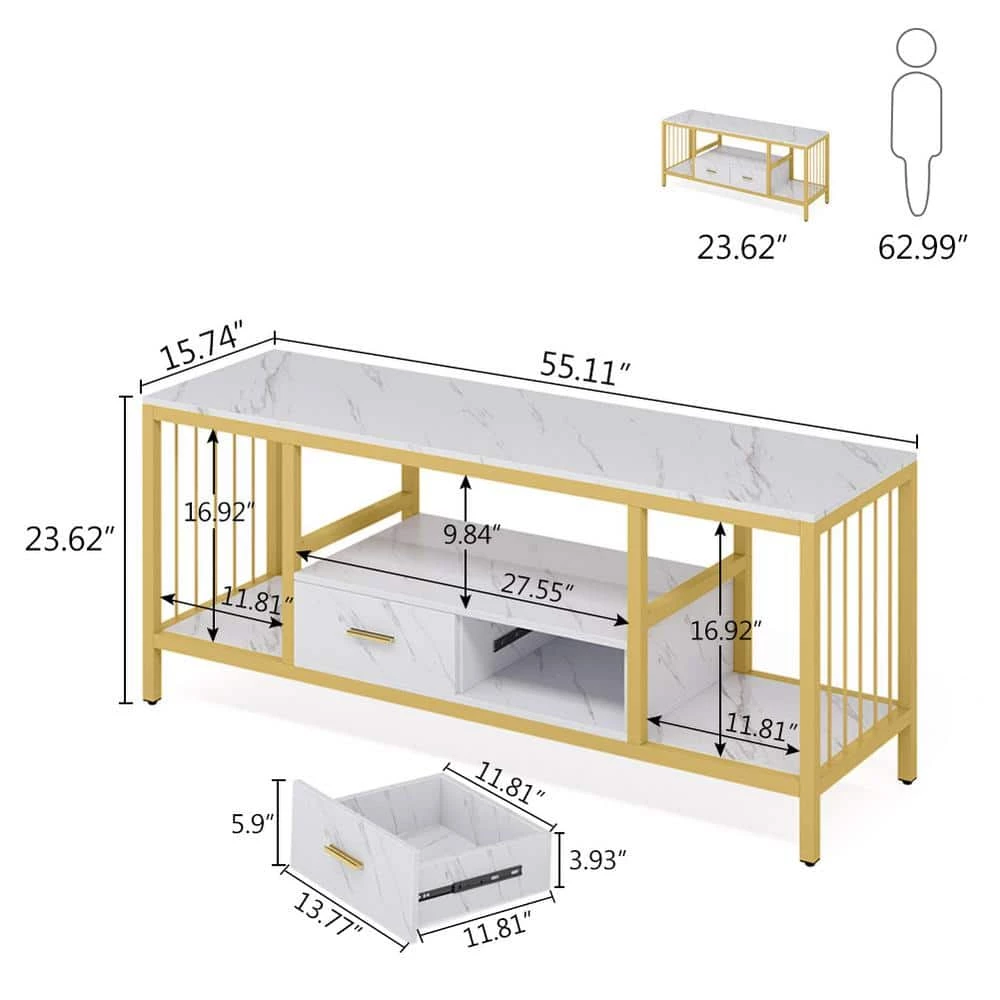 Salome 55 in. White Marble TV Stand with 1 Drawer Fits TV's up to 60 in. with 4 Open Storage Shelves by TRIBESIGNS WAY TO ORIGIN 5 Salome 55 in. White Marble TV Stand with 1 Drawer Fits TV's up to 60 in. with 4 Open Storage Shelves by TRIBESIGNS WAY TO ORIGIN - Image 3