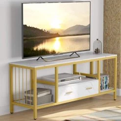 Salome 55 in. White Marble TV Stand with 1 Drawer Fits TV's up to 60 in. with 4 Open Storage Shelves by TRIBESIGNS WAY TO ORIGIN 10 Salome 55 in. White Marble TV Stand with 1 Drawer Fits TV's up to 60 in. with 4 Open Storage Shelves by TRIBESIGNS WAY TO ORIGIN -Deals Glitzhome Store white marble tribesigns way to origin tv stands hd f1233 c3 1000
