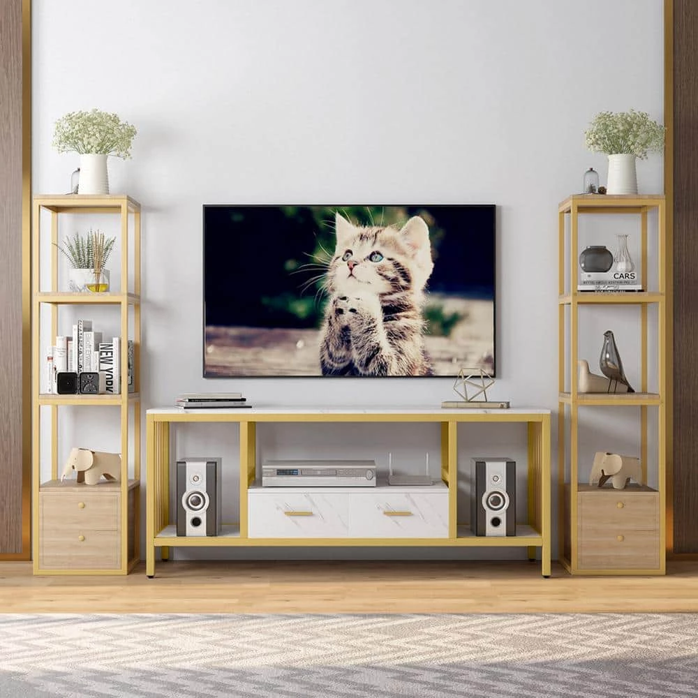 Salome 55 in. White Marble TV Stand with 1 Drawer Fits TV's up to 60 in. with 4 Open Storage Shelves by TRIBESIGNS WAY TO ORIGIN 4 Salome 55 in. White Marble TV Stand with 1 Drawer Fits TV's up to 60 in. with 4 Open Storage Shelves by TRIBESIGNS WAY TO ORIGIN - Image 2