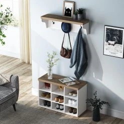 White & Walnut Shoe Storage Cabinet with Cube Storage and Wall Mount Coat Rack by TRIBESIGNS WAY TO ORIGIN -Deals Glitzhome Store white tribesigns way to origin accent cabinets hd sf00234b 1f 1000