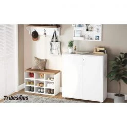 White & Walnut Shoe Storage Cabinet with Cube Storage and Wall Mount Coat Rack by TRIBESIGNS WAY TO ORIGIN -Deals Glitzhome Store white tribesigns way to origin accent cabinets hd sf00234b 31 1000