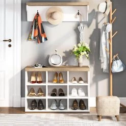 White & Walnut Shoe Storage Cabinet with Cube Storage and Wall Mount Coat Rack by TRIBESIGNS WAY TO ORIGIN -Deals Glitzhome Store white tribesigns way to origin accent cabinets hd sf00234b c3 1000