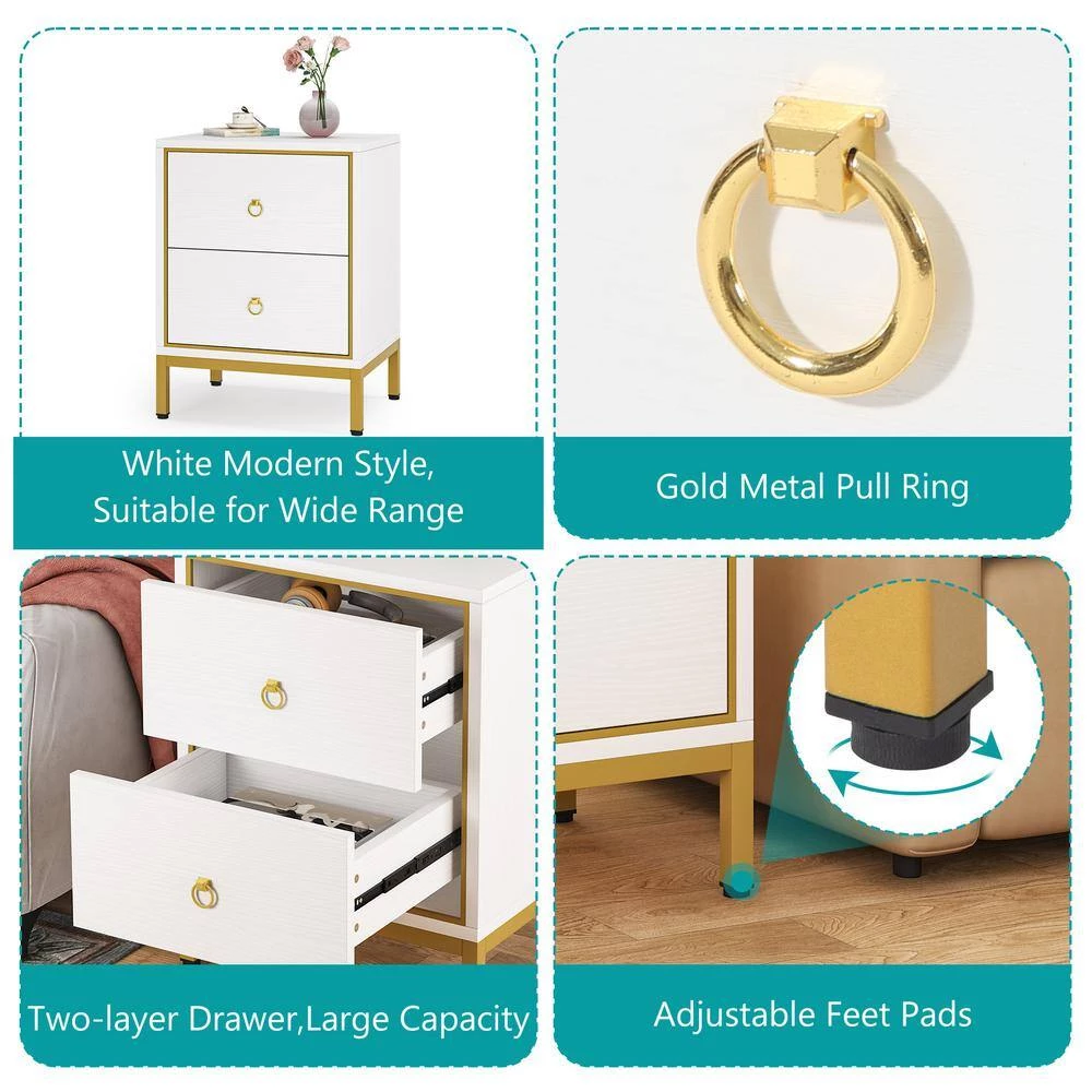 White &Gold Nightstand with 2 Drawers Storage by TRIBESIGNS WAY TO ORIGIN 4 White &Gold Nightstand with 2 Drawers Storage by TRIBESIGNS WAY TO ORIGIN - Image 3