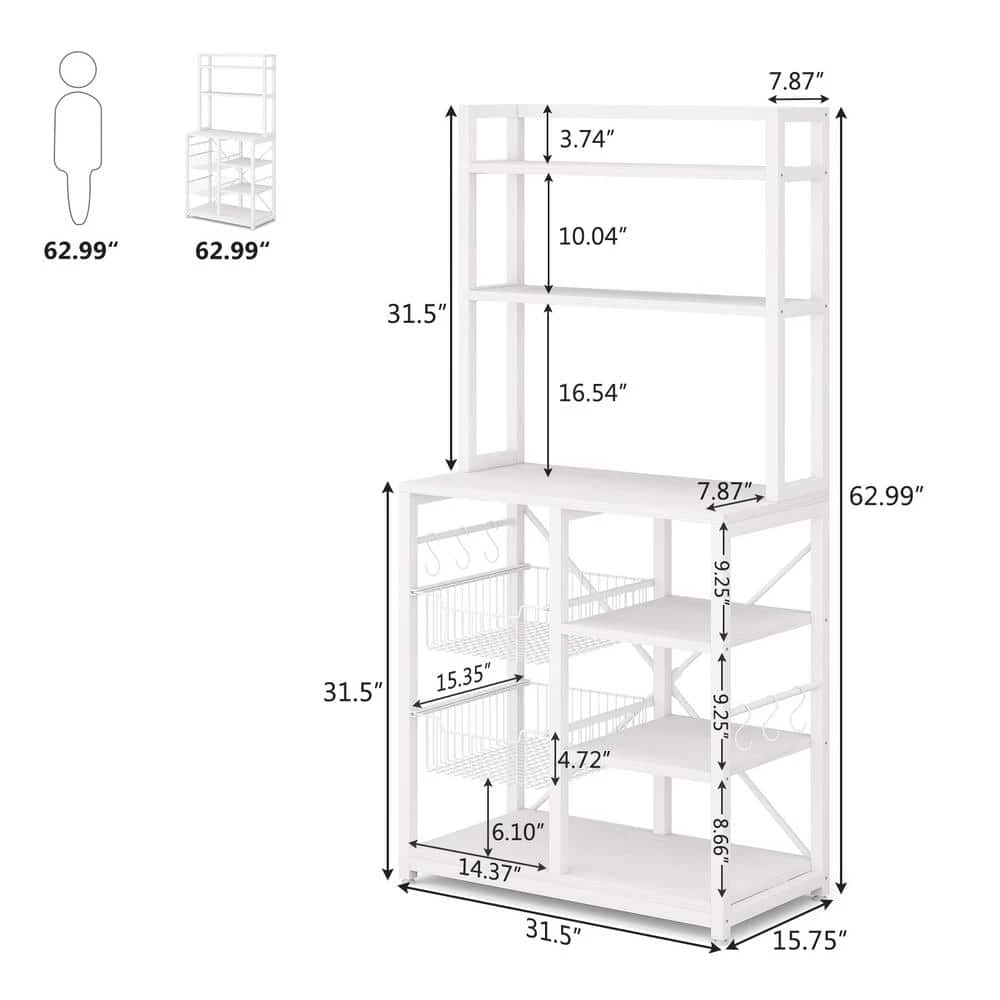 Aleah White 6-Shelves Bakers Rack with 2-Wire Baskets and 6-Hooks by TRIBESIGNS WAY TO ORIGIN 5 Aleah White 6-Shelves Bakers Rack with 2-Wire Baskets and 6-Hooks by TRIBESIGNS WAY TO ORIGIN - Image 3