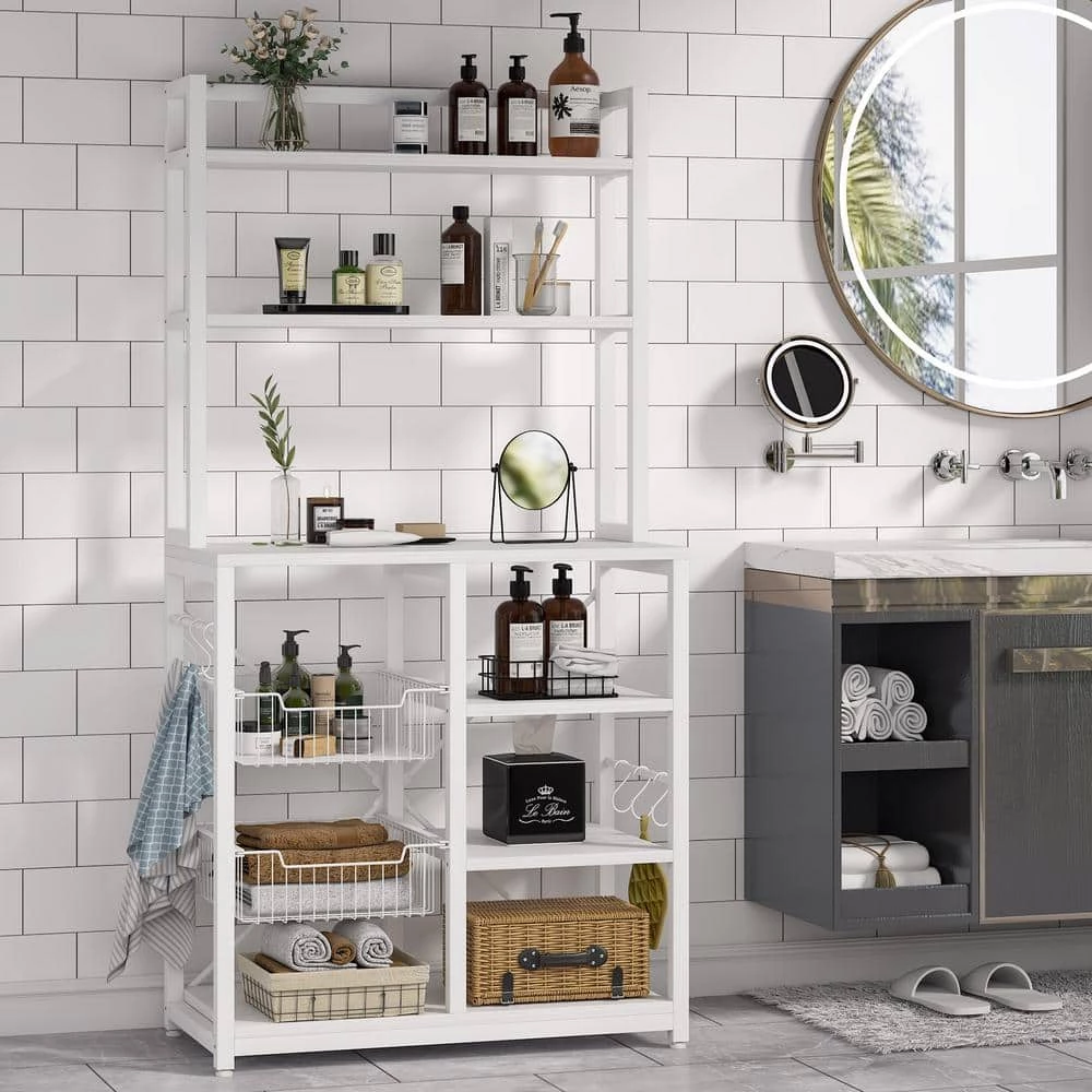 Aleah White 6-Shelves Bakers Rack with 2-Wire Baskets and 6-Hooks by TRIBESIGNS WAY TO ORIGIN 6 Aleah White 6-Shelves Bakers Rack with 2-Wire Baskets and 6-Hooks by TRIBESIGNS WAY TO ORIGIN - Image 4