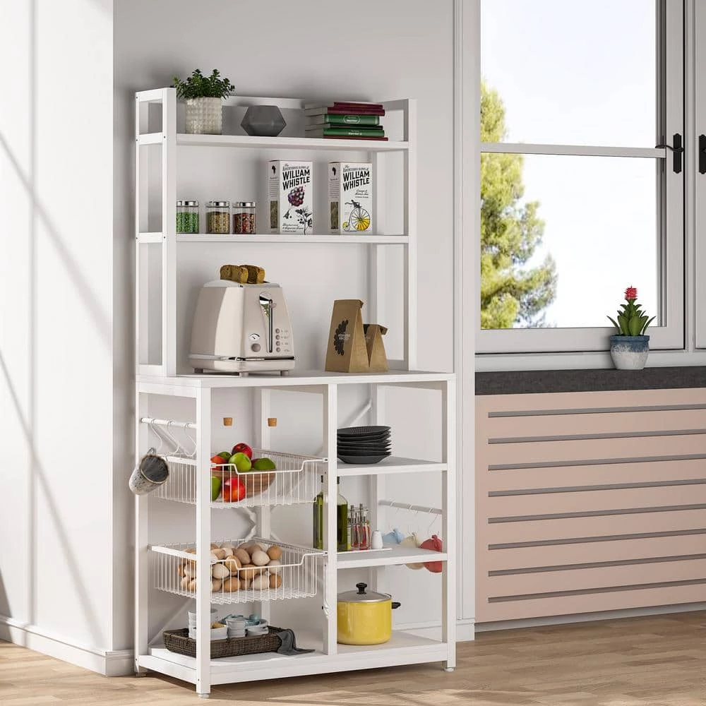Aleah White 6-Shelves Bakers Rack with 2-Wire Baskets and 6-Hooks by TRIBESIGNS WAY TO ORIGIN 4 Aleah White 6-Shelves Bakers Rack with 2-Wire Baskets and 6-Hooks by TRIBESIGNS WAY TO ORIGIN - Image 2