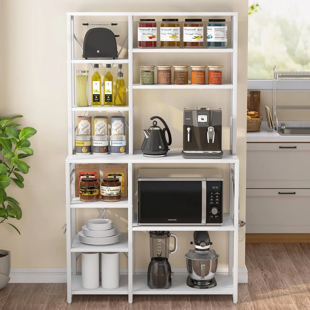 Bachel Modern White Kitchen Baker's Rack with Open Shelves and Hanging Hooks by TRIBESIGNS WAY TO ORIGIN 7 Bachel Modern White Kitchen Baker's Rack with Open Shelves and Hanging Hooks by TRIBESIGNS WAY TO ORIGIN - Image 5