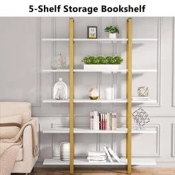 Jannelly 47 in. White Wood and Gold Metal Frame 5tier Radial Shelves Bookcase Storage Rack Plant Stand by TRIBESIGNS WAY TO ORIGIN -Deals Glitzhome Store white tribesigns way to origin bookcases bookshelves hd 1025 wzz 1f 1000