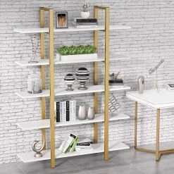 Jannelly 47 in. White Wood and Gold Metal Frame 5tier Radial Shelves Bookcase Storage Rack Plant Stand by TRIBESIGNS WAY TO ORIGIN -Deals Glitzhome Store white tribesigns way to origin bookcases bookshelves hd 1025 wzz c3 1000