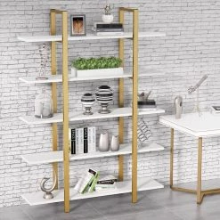 Jannelly 47 in. White Wood and Gold Metal Frame 5tier Radial Shelves Bookcase Storage Rack Plant Stand by TRIBESIGNS WAY TO ORIGIN -Deals Glitzhome Store white tribesigns way to origin bookcases bookshelves hd 1025 wzz e1 1000