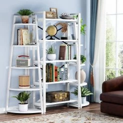 Jannelly 70 in. White Wood 5tier 5 Shelf Corner Ladder Bookcase with Open Back by TRIBESIGNS WAY TO ORIGIN 17 Jannelly 70 in. White Wood 5tier 5 Shelf Corner Ladder Bookcase with Open Back by TRIBESIGNS WAY TO ORIGIN -Deals Glitzhome Store white tribesigns way to origin bookcases bookshelves hd c0254 wzz 44 1000