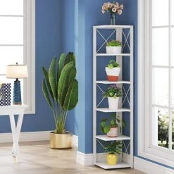 Jannelly 70.8 in. White Wood and Black Metal Frame 6 tier Radial Corner Shelves Bookcase Storage Rack Plant Stand by TRIBESIGNS WAY TO ORIGIN -Deals Glitzhome Store white tribesigns way to origin bookcases bookshelves hd f1446 wzz 31 1000