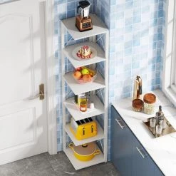 Jannelly 70.8 in. White Wood and Black Metal Frame 6 tier Radial Corner Shelves Bookcase Storage Rack Plant Stand by TRIBESIGNS WAY TO ORIGIN -Deals Glitzhome Store white tribesigns way to origin bookcases bookshelves hd f1446 wzz c3 1000