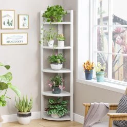 Charlie 59 in. White Wood and Metal Frame 5-Shelf Radial Corner Shelf Bookshelf Storage Rack Plant Stand 5-Tiers by TRIBESIGNS WAY TO ORIGIN -Deals Glitzhome Store white tribesigns way to origin bookcases bookshelves hd sfc0139 31 1000