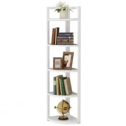 Charlie 59 in. White Wood and Metal Frame 5-Shelf Radial Corner Shelf Bookshelf Storage Rack Plant Stand 5-Tiers by TRIBESIGNS WAY TO ORIGIN