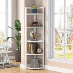 Charlie 59 in. White Wood and Metal Frame 5-Shelf Radial Corner Shelf Bookshelf Storage Rack Plant Stand 5-Tiers by TRIBESIGNS WAY TO ORIGIN -Deals Glitzhome Store white tribesigns way to origin bookcases bookshelves hd sfc0139 c3 1000