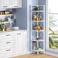 Halsey 63 in. White Wood and Metal Frame 5-Shelf Radial Corner Shelf Bookcase Storage Rack Plant Stand 5-Tiers by TRIBESIGNS WAY TO ORIGIN -Deals Glitzhome Store white tribesigns way to origin bookcases bookshelves hd sfc0253 4f 1000