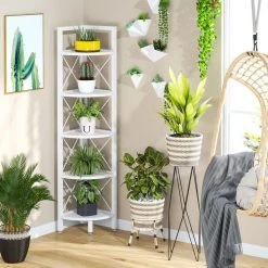 Halsey 63 in. White Wood and Metal Frame 5-Shelf Radial Corner Shelf Bookcase Storage Rack Plant Stand 5-Tiers by TRIBESIGNS WAY TO ORIGIN -Deals Glitzhome Store white tribesigns way to origin bookcases bookshelves hd sfc0253 76 1000