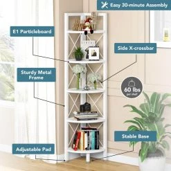 Halsey 63 in. White Wood and Metal Frame 5-Shelf Radial Corner Shelf Bookcase Storage Rack Plant Stand 5-Tiers by TRIBESIGNS WAY TO ORIGIN -Deals Glitzhome Store white tribesigns way to origin bookcases bookshelves hd sfc0253 a0 1000