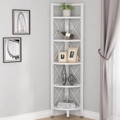 Halsey 63 in. White Wood and Metal Frame 5-Shelf Radial Corner Shelf Bookcase Storage Rack Plant Stand 5-Tiers by TRIBESIGNS WAY TO ORIGIN -Deals Glitzhome Store white tribesigns way to origin bookcases bookshelves hd sfc0253 c3 1000
