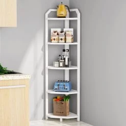 Perry 60 in. White Wood and Metal Frame 5-shelf Radial Corner Shelf Bookcase Storage Rack Plant Stand 5-Tiers by TRIBESIGNS WAY TO ORIGIN -Deals Glitzhome Store white tribesigns way to origin bookcases bookshelves hd sfc0376 31 1000