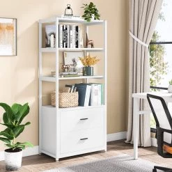 Kaduna 23.6 in. Wide White 4-Shelf Etagere Bookcase with 2-Drawers by TRIBESIGNS WAY TO ORIGIN -Deals Glitzhome Store white tribesigns way to origin bookcases bookshelves hd yaf2147 c3 1000