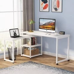 Billie 55 in. L-Shape White Metal White Particle Board Wood Top Corner Computer Desk with Rotating Storage Shelves by TRIBESIGNS WAY TO ORIGIN -Deals Glitzhome Store white tribesigns way to origin computer desks hd c0244 31 1000