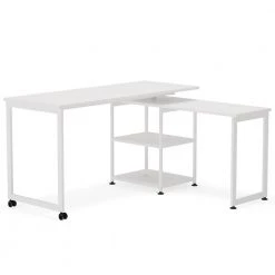 Billie 55 in. L-Shape White Metal White Particle Board Wood Top Corner Computer Desk with Rotating Storage Shelves by TRIBESIGNS WAY TO ORIGIN