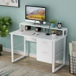 Kelly 47 in. Rectangular White Metal White Particle Board Wood 2 Drawer Computer Desk with Monitor Stand by TRIBESIGNS WAY TO ORIGIN