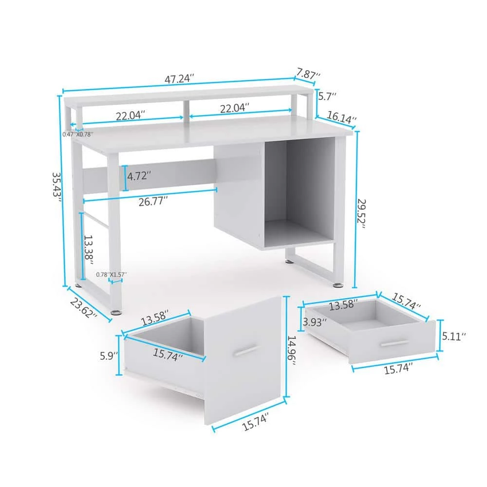 Kelly 47 in. Rectangular White Metal White Particle Board Wood 2 Drawer Computer Desk with Monitor Stand by TRIBESIGNS WAY TO ORIGIN 5 Kelly 47 in. Rectangular White Metal White Particle Board Wood 2 Drawer Computer Desk with Monitor Stand by TRIBESIGNS WAY TO ORIGIN - Image 3